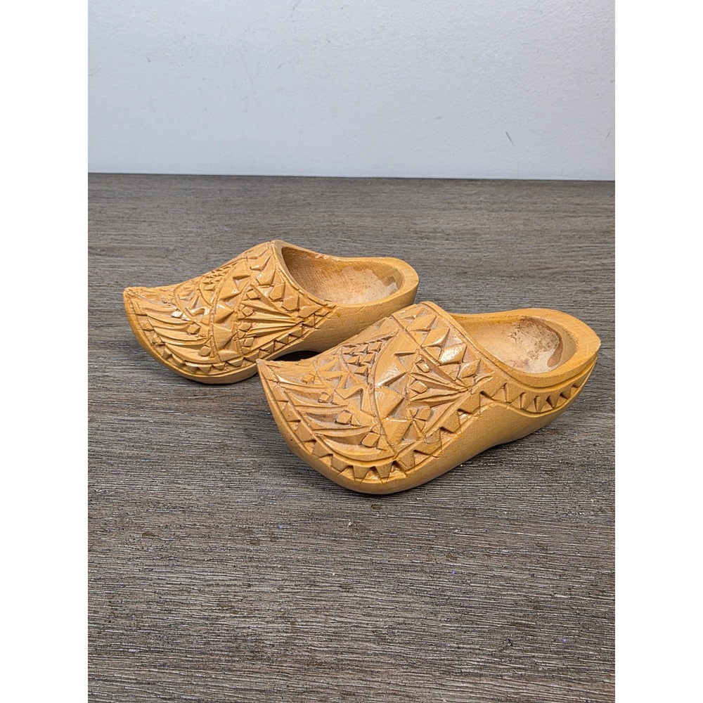 Vintage Hand Carved Wooden Clogs Dutch Style Fold Art Decorative Shoes Pair 6"